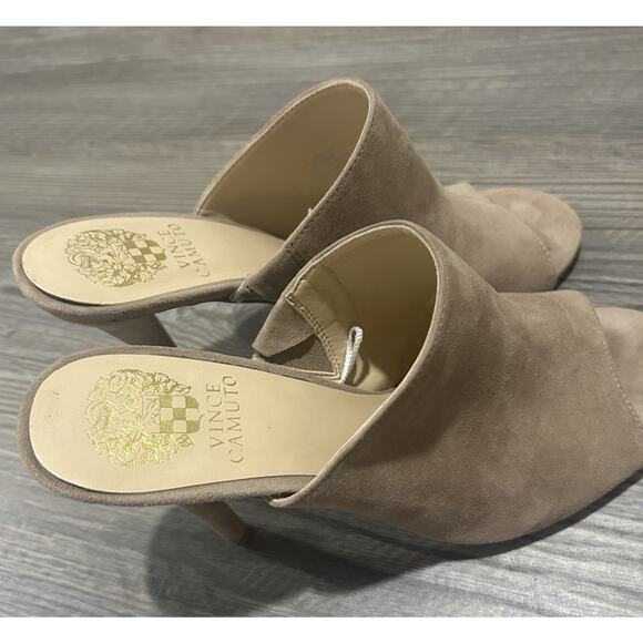 Vince Camuto Taupe Slip On Open Toe Neutral Suede Stiletto Heel Shoes Size 8 - Picture 4 of 8